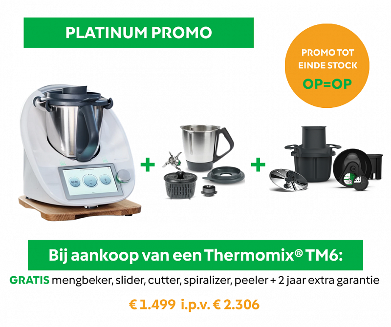 Promo mei | Thermomix TM6 + GRATIS extra beker, slider, cutter, spiralizer, peeler + 4 jaar garantie